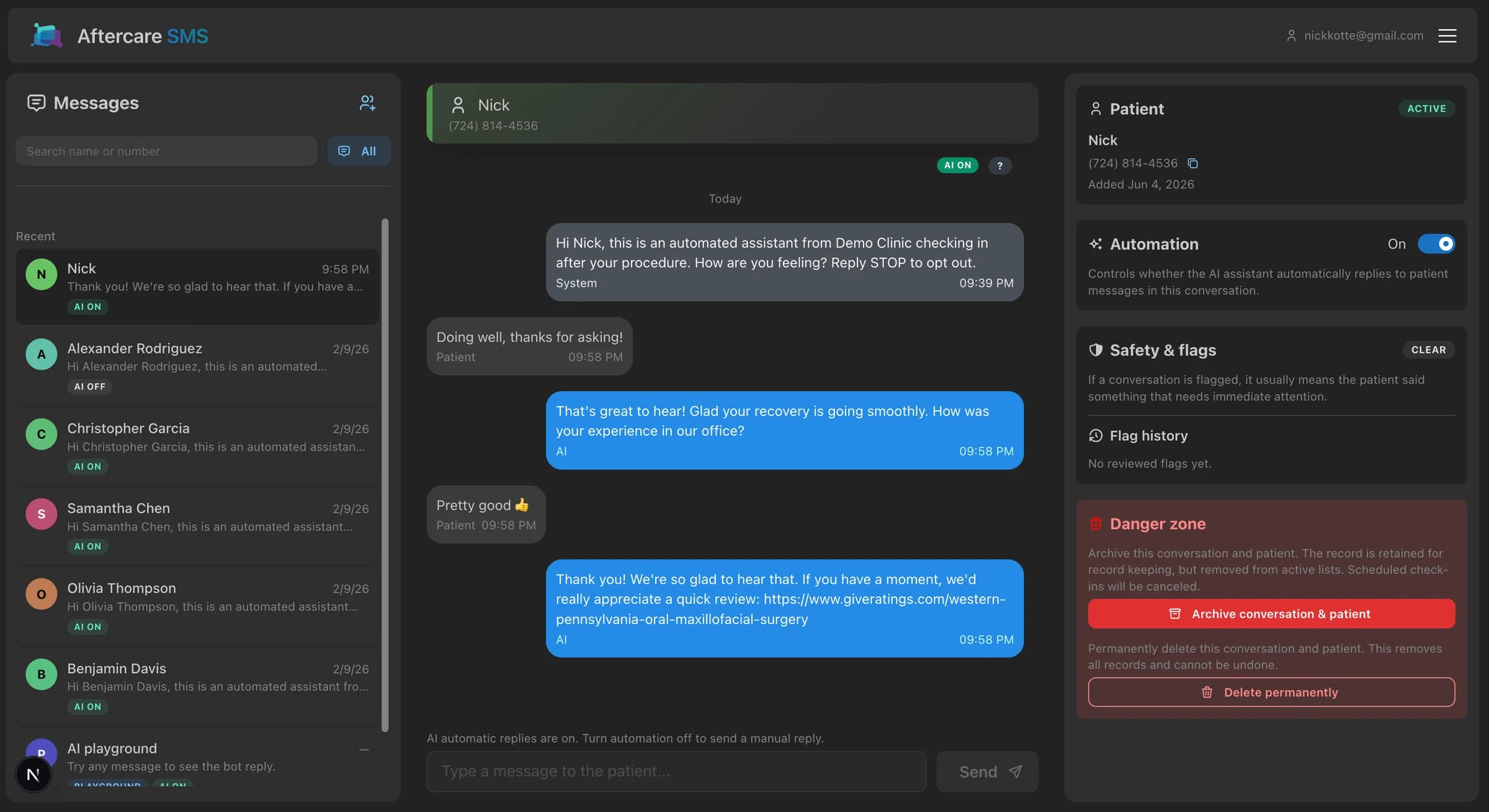 Aftercare clinician dashboard with SMS conversation and automation controls