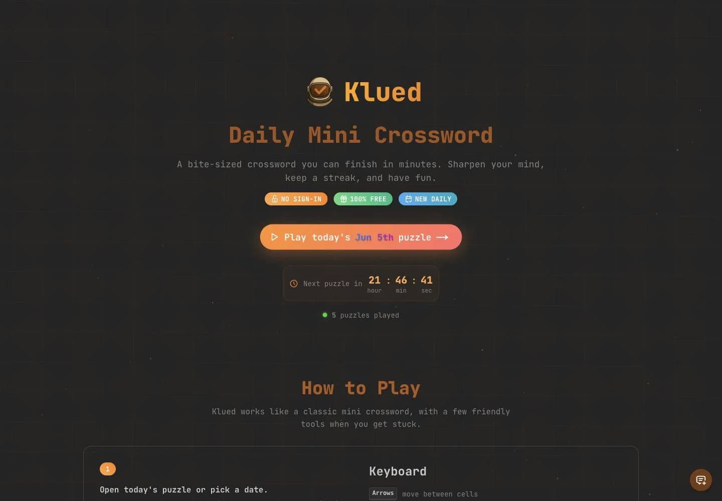 Klued homepage with daily mini crossword call to action
