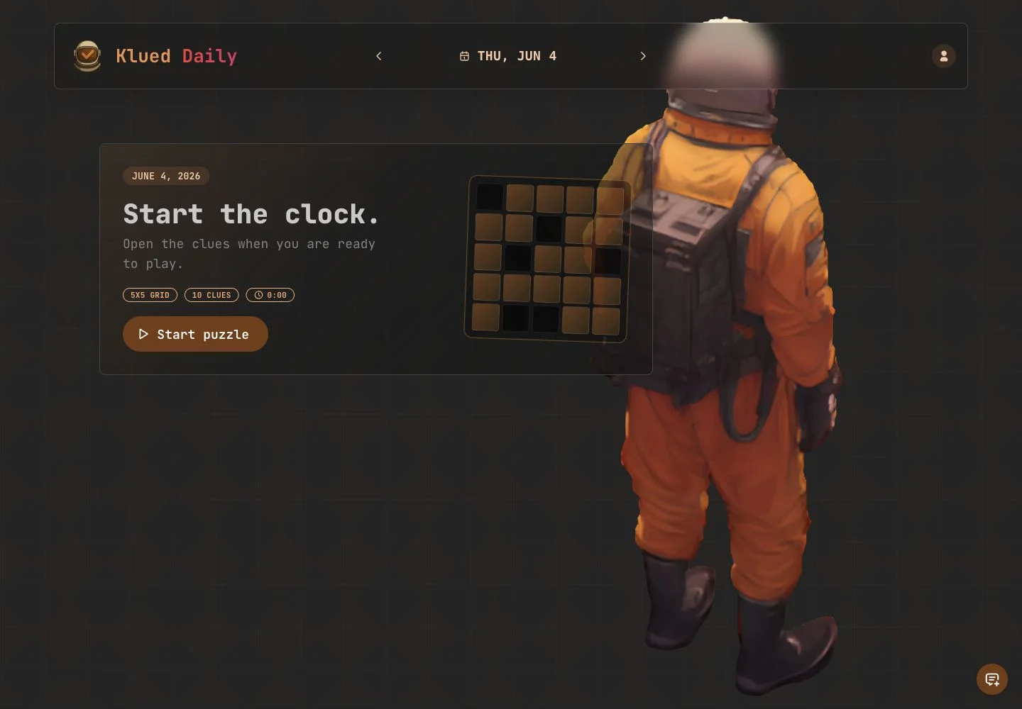 Klued puzzle start gate with date, grid size, clue count, and timer