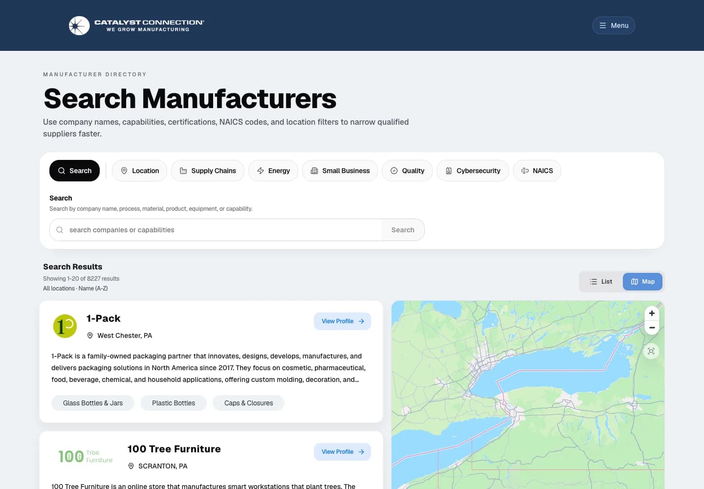 We Make It Here manufacturer directory search interface